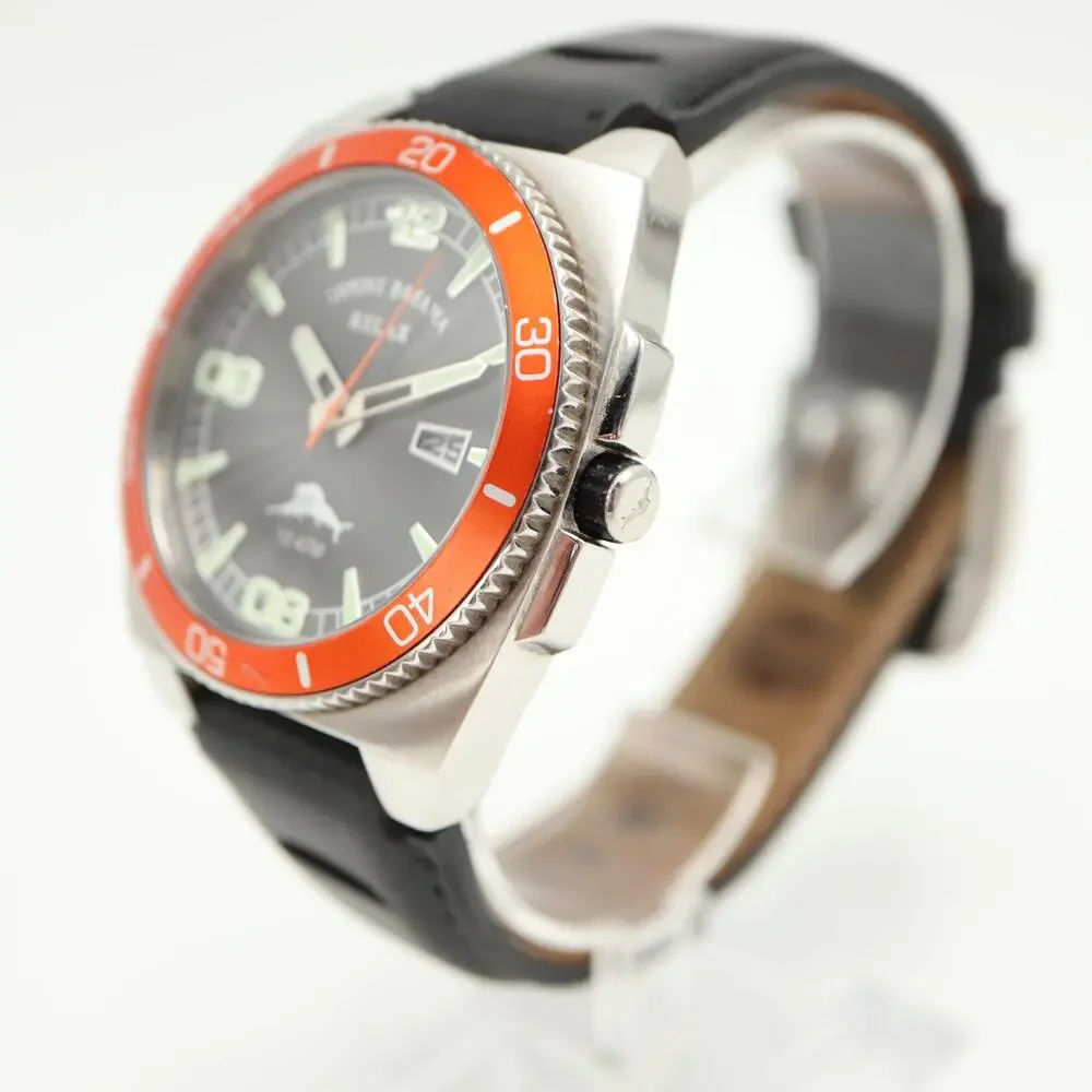 Tommy Bahama Relax Diver 41mm Watch Date Black Leather Silver Orange New Battery